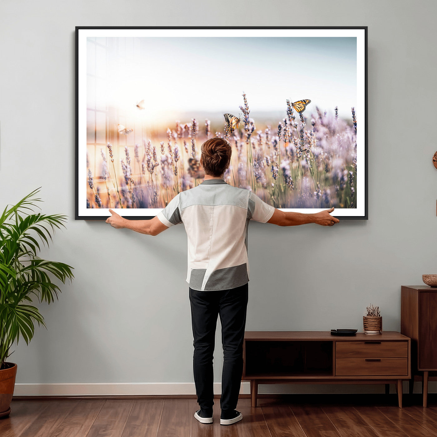 46417478-MGV-CV-36X24 - Lavender Field Wall Art Canvas Print, Butterfly Floral Landscape Art, Soft Nature Wall Decor for Bedroom