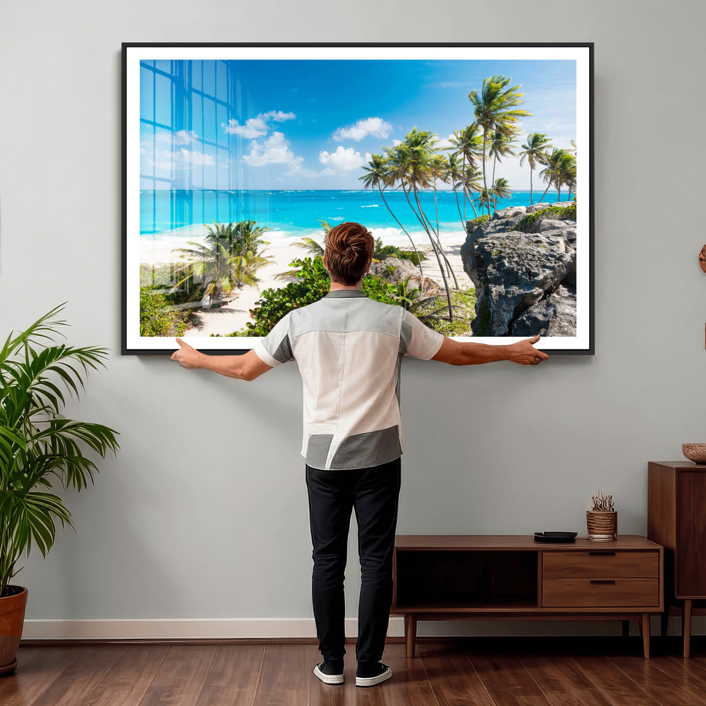 98605610-MGV-CV-36X24 - Tropical Beach Wall Art Canvas Print, Palm Tree Ocean Landscape Photography, Caribbean Coastal Artwork
