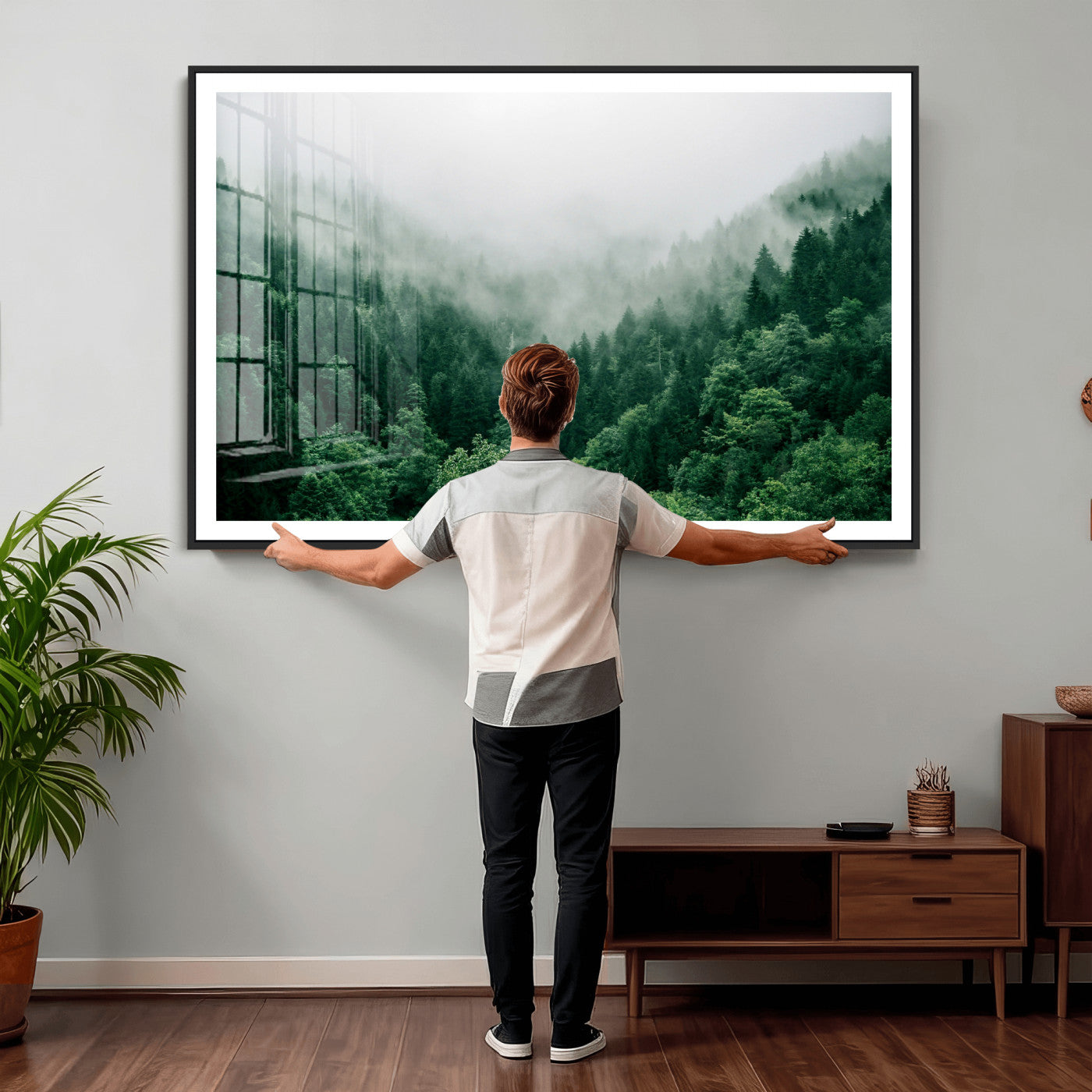 61640815-MGV-CV-36X24 - Misty Pine Forest Wall Art Canvas Print, Foggy Evergreen Landscape Wall Decor, Moody Green Nature Artwork, Minimal Forest Canvas Wall Art, Framed Canvas Wall Art Ready to Hang