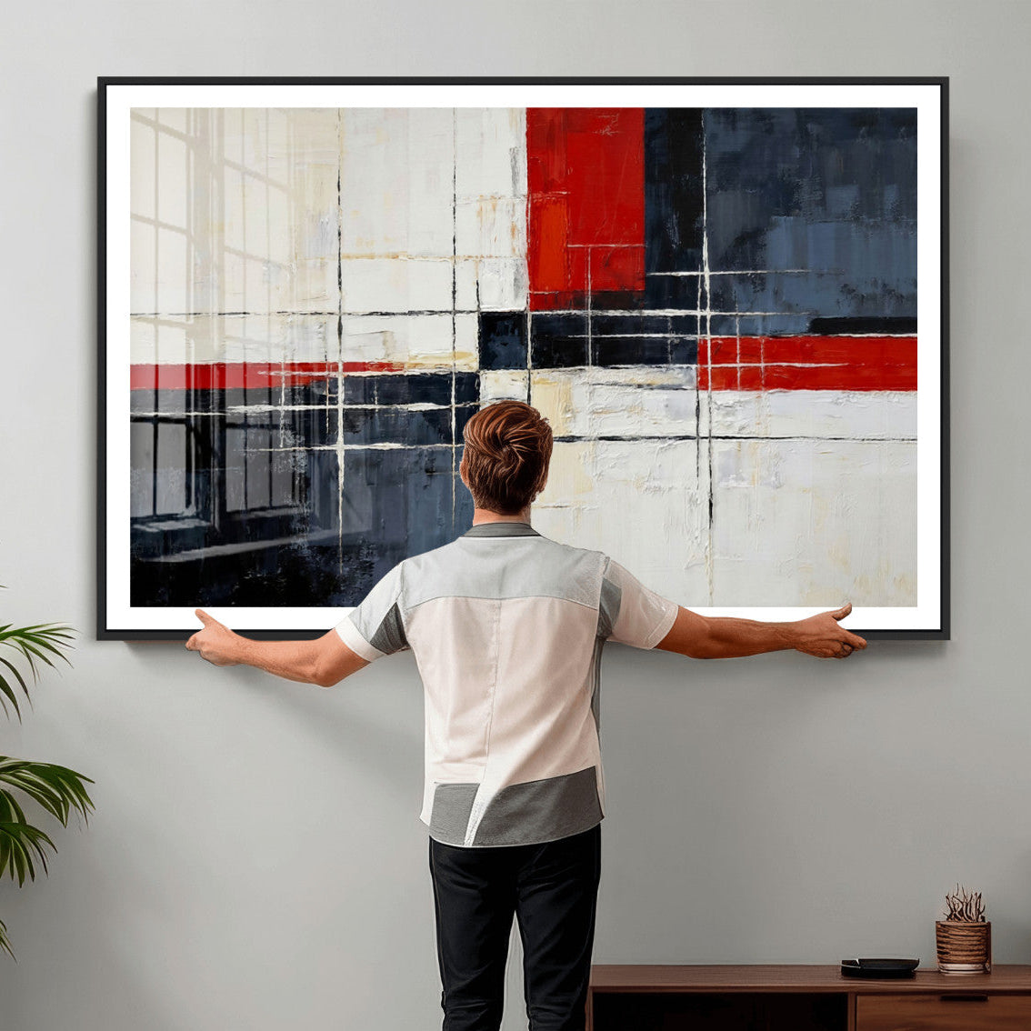 44088165-MGV-CV-36X24 - Navy Red Abstract Wall Art Canvas Print, Modern Luxury Geometric Painting Wall Decor for Living Room and Office