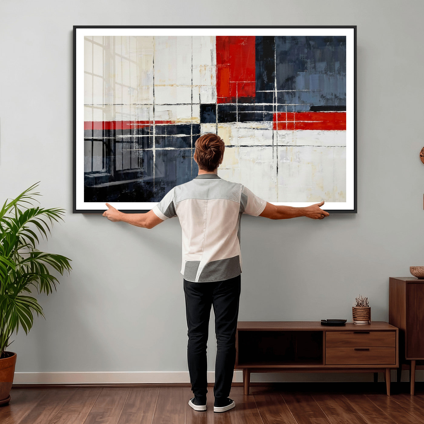 11921181-MGV-CV-36X24 - Navy Red Abstract Wall Art Canvas Print, Modern Luxury Geometric Painting Wall Decor for Living Room and Office
