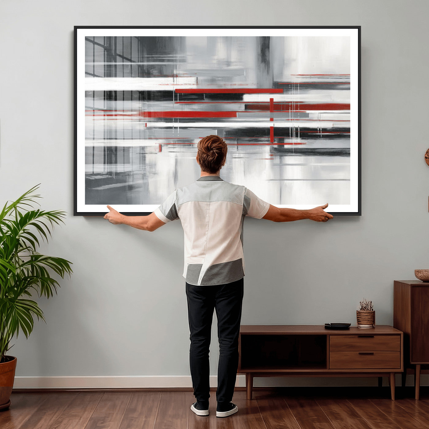 62640681-MGV-CV-36X24 - Gray Red Abstract Wall Art Canvas Print, Modern Abstract Canvas Wall Decor for Contemporary Living Room and Office