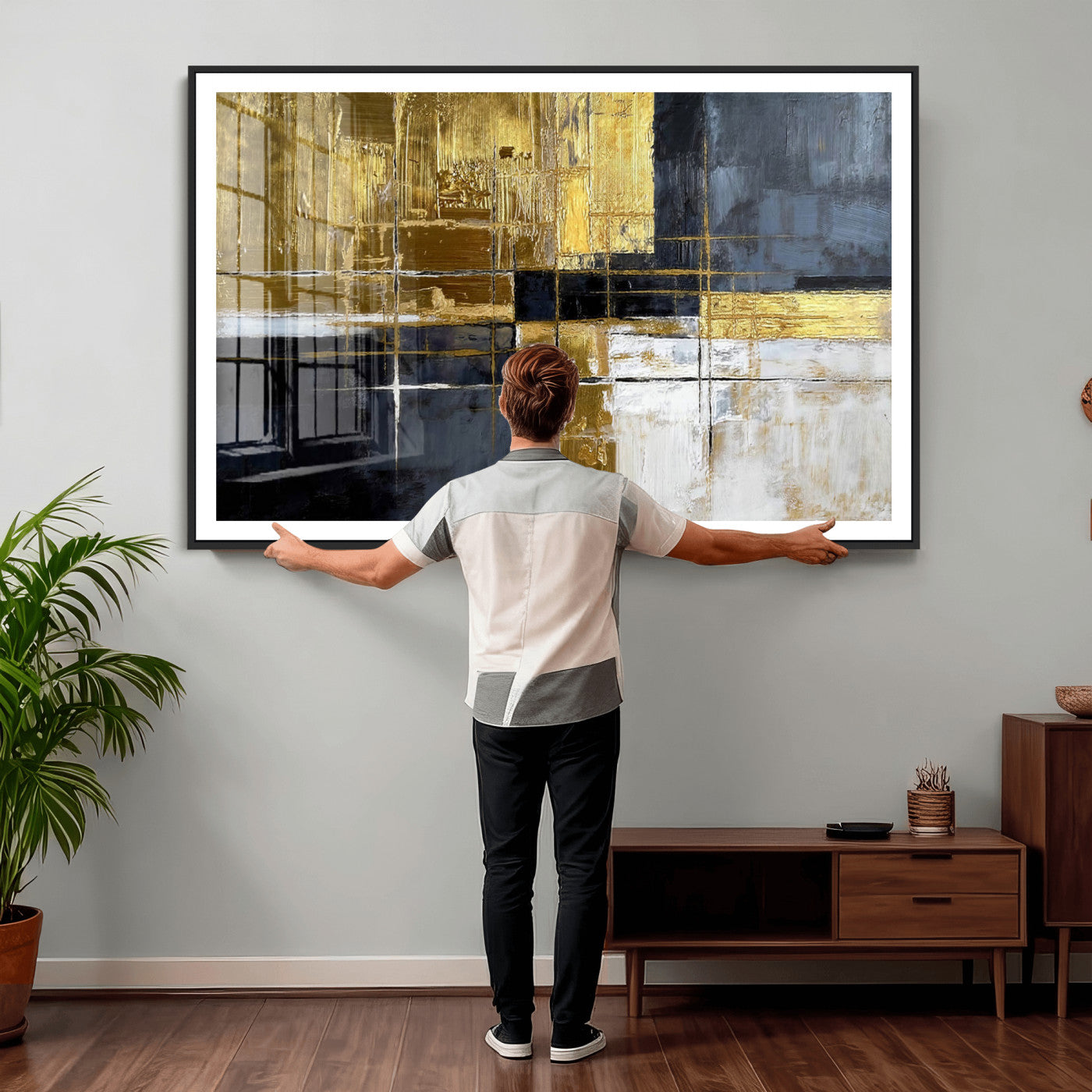 76917030-MGV-CV-36X24 - Gold Navy Abstract Wall Art Canvas Print, Modern Luxury Geometric Painting Wall Decor for Living Room and Office