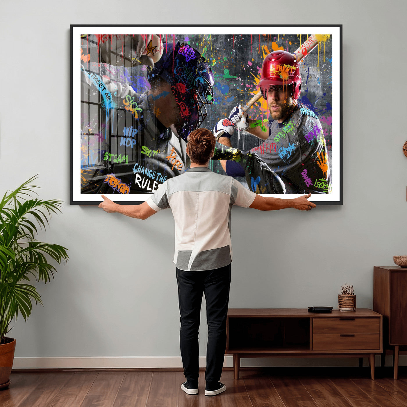 19634994-MGV-CV-36X24 - Graffiti Baseball Player Street Art Wall Art Canvas Print, Urban Sports Pop Art Baseball Canvas Print, Modern Athletic Graffiti Contemporary Art Printing