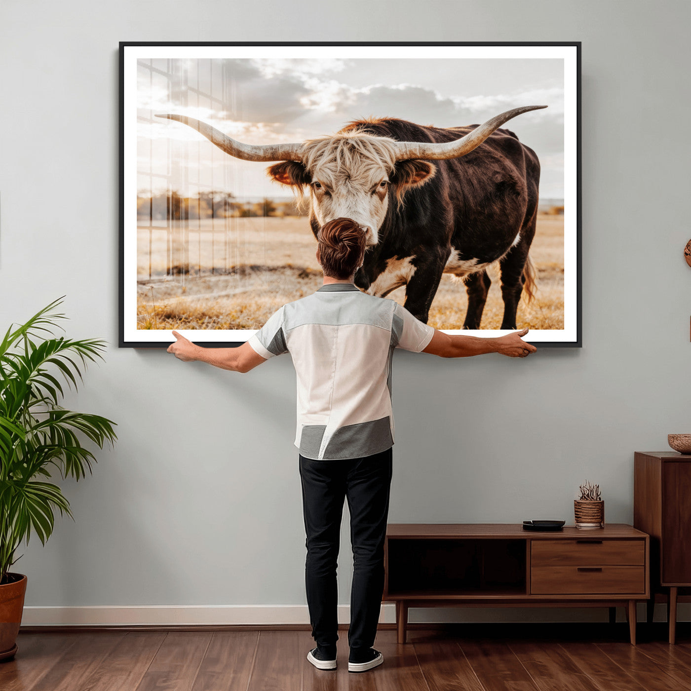 88230279-MGV-CV-36X24 - Texas Longhorn Bull Rustic Wall Art Canvas Print, Western Cattle Photography Canvas Print, Ranch Farm Animal Western Art Printing