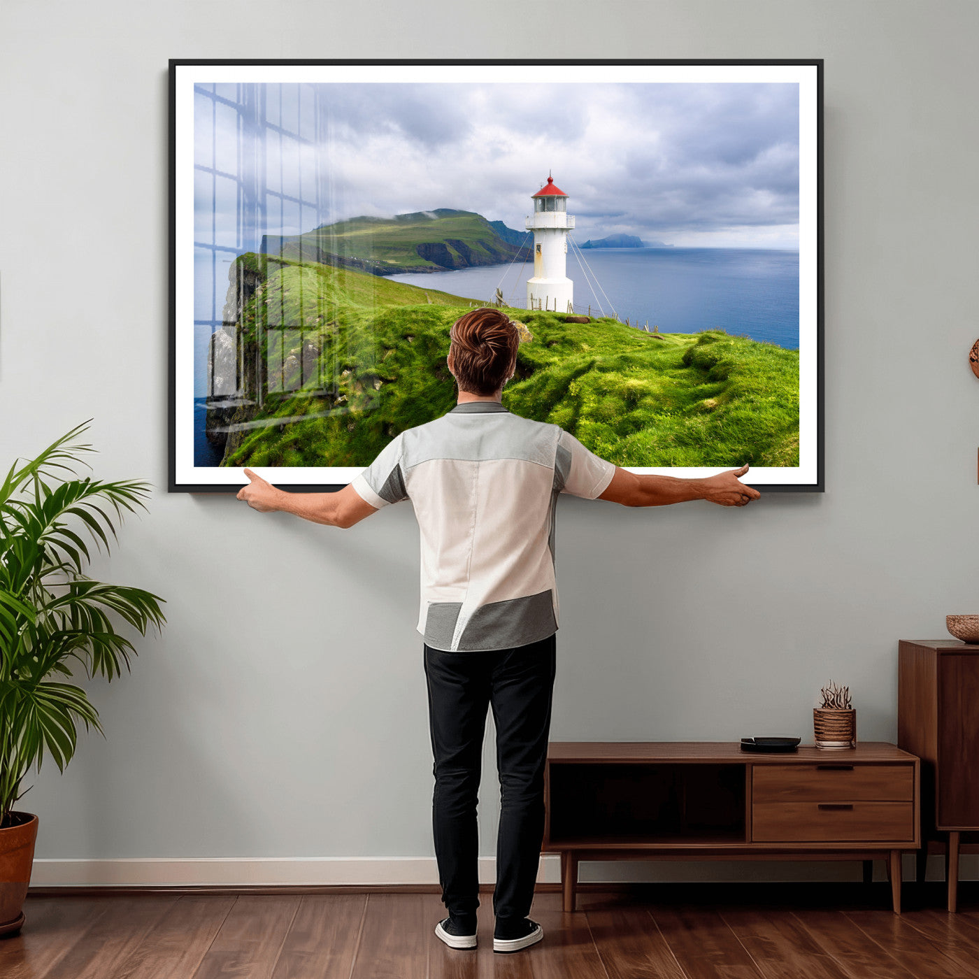 10680390-MGV-CV-36X24 - Coastal Lighthouse Wall Art Canvas Print, Cliffside Ocean Landscape Canvas Print, Scandinavian Coastal Decor for Living Room