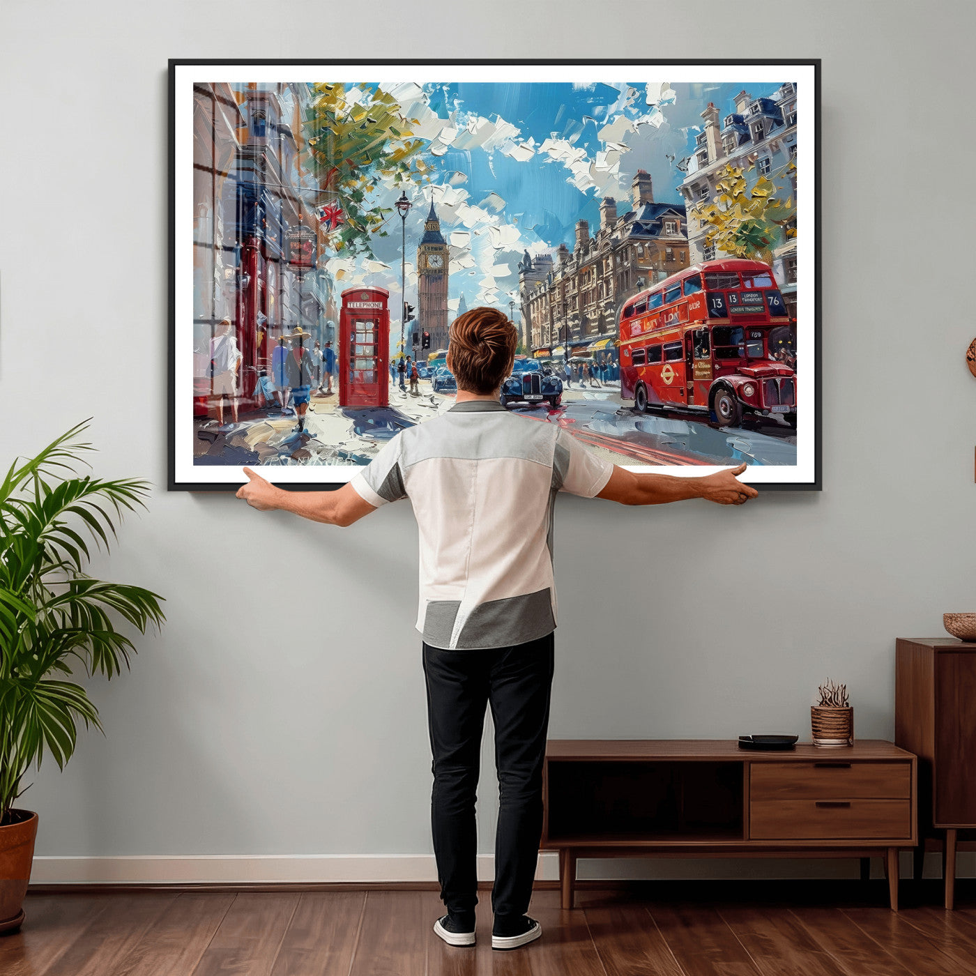 17630888-MGV-CV-36X24 - Modern London City Street Wall Art Canvas Print, Big Ben & Red Bus Artwork Canvas Print
