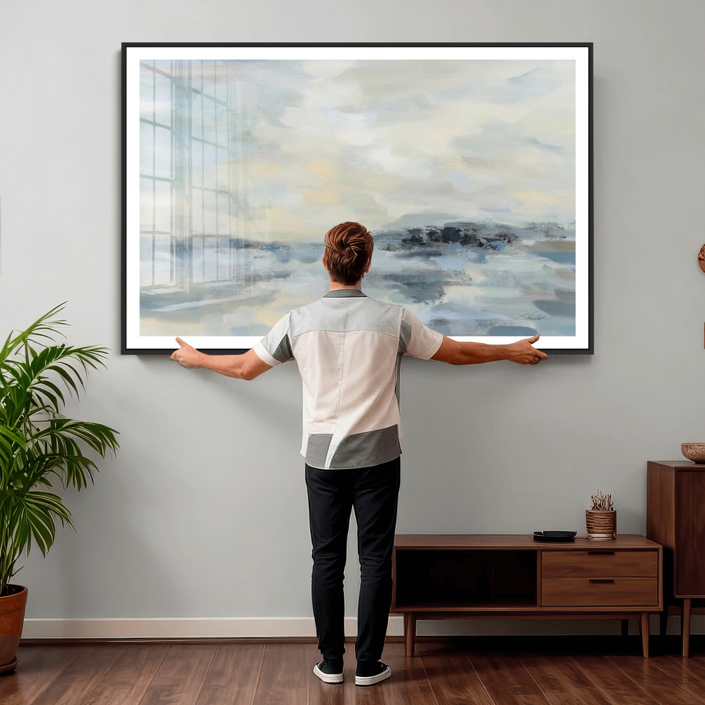 24647355-MGV-CV-36X24 - Abstract Coastal Landscape Wall Art Canvas Print – Soft Blue Gray Minimalist Painting