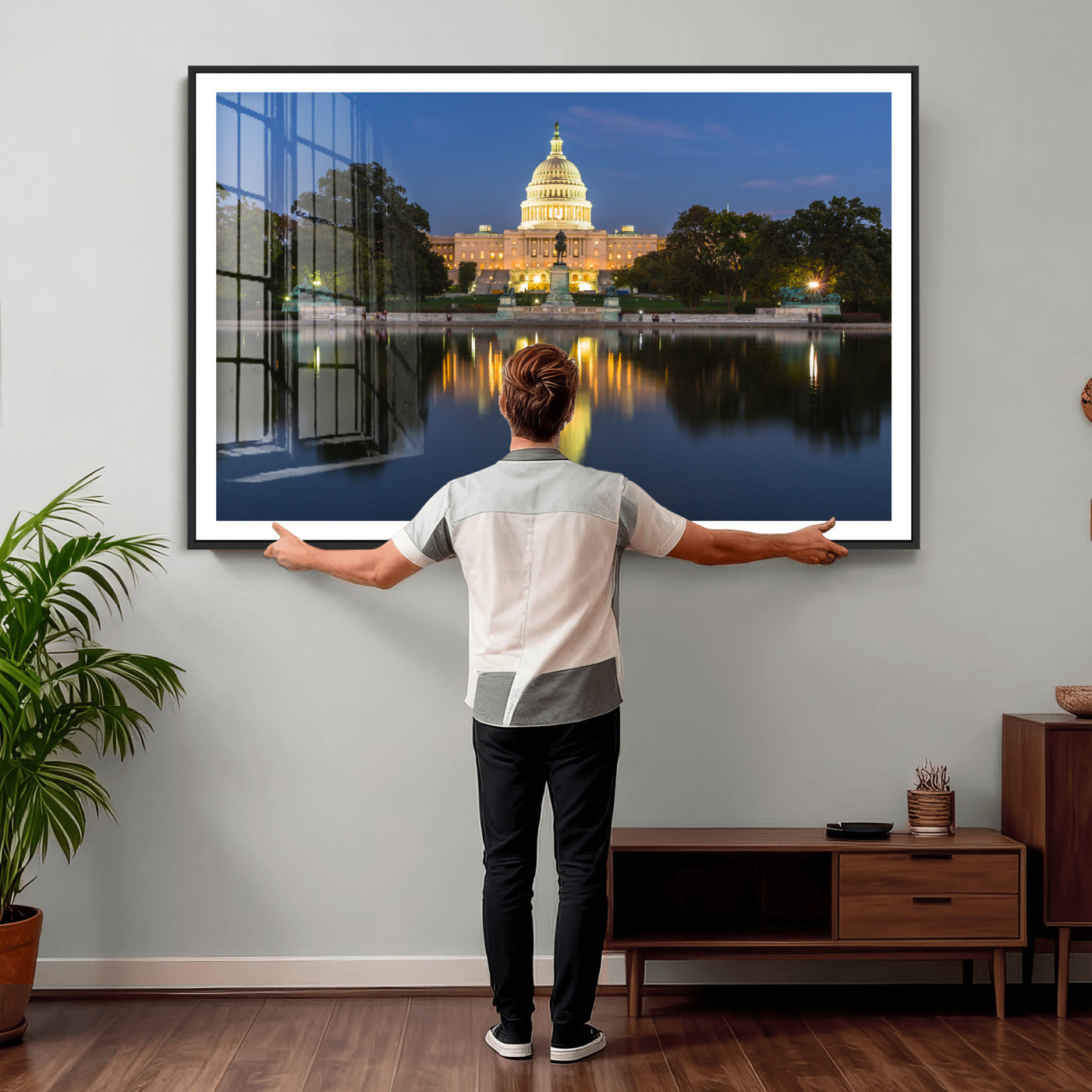 95568590-MGV-CV-36X24 - US Capitol Building Wall Art Canvas Print – Washington DC Landmark Night Reflection Artwork for Office Decor