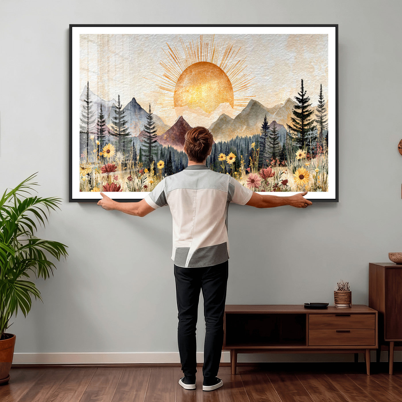 69025244-MGV-CV-36X24 - Boho Mountain Landscape Large Wall Art, Horizontal Gold Framed Canvas Print with Sun and Flowers
