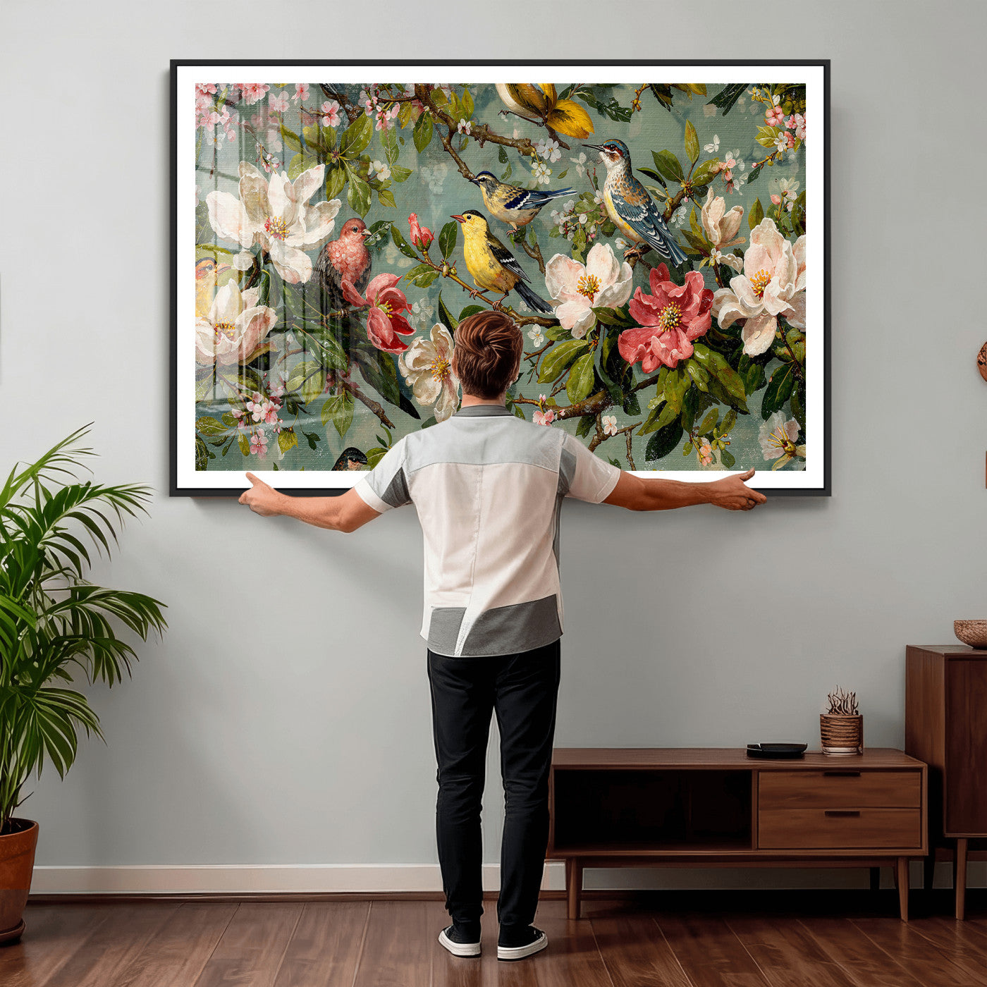 77883606-MGV-CV-36X24 - Vintage Birds and Flowers Wide Wall Art: Extra Large Panoramic Botanical Print