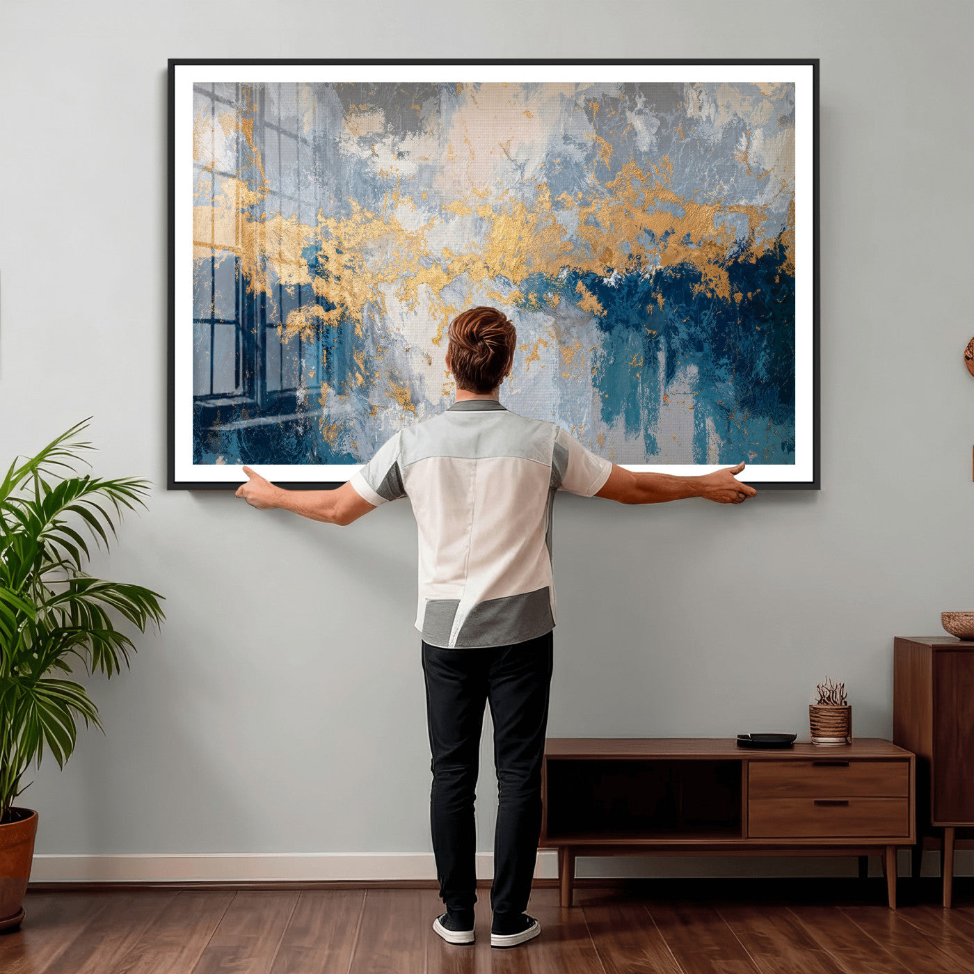 65386119-MGV-CV-36X24 - Blue Gold Abstract Large Framed Canvas Wall Art, Modern Luxury Painting Print in Horizontal Oversized Minimal Wall Decor Artwork