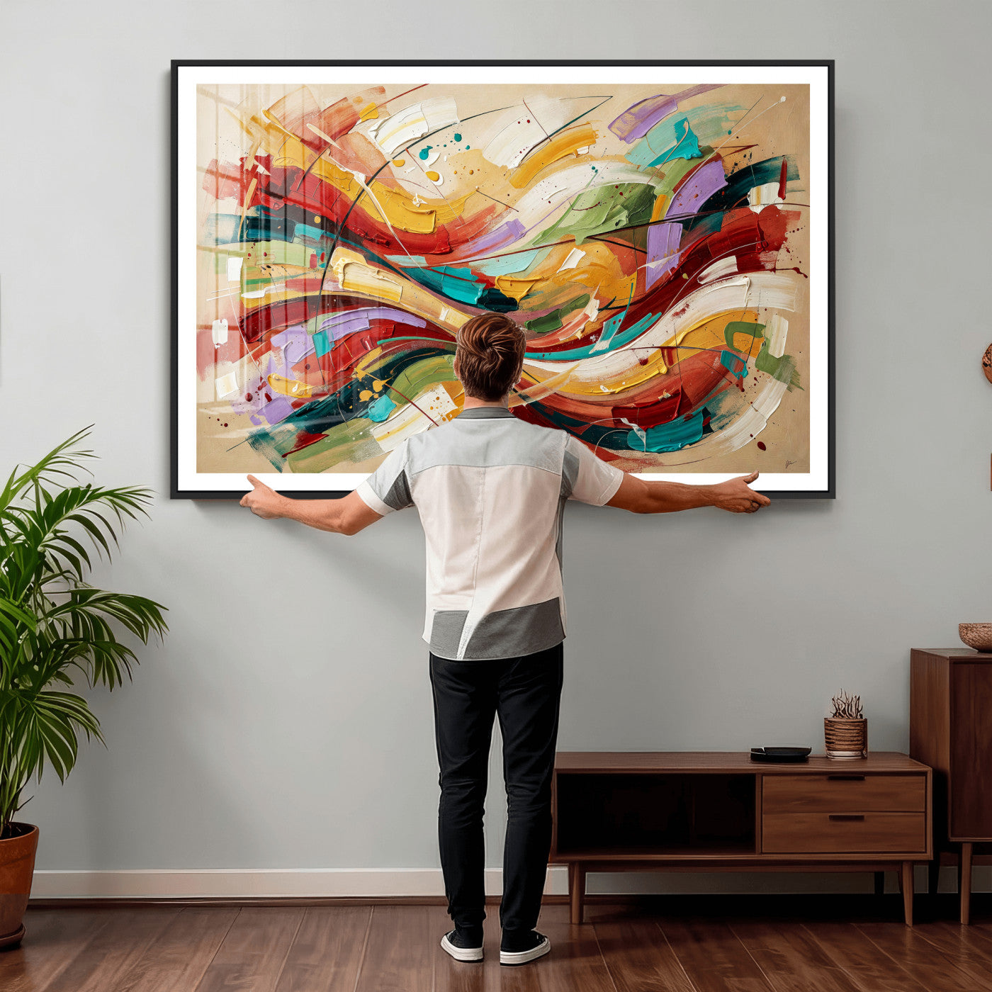 39887645-MGV-CV-36X24 - Geometric Abstract Wall Art Canvas Print, Orange Blue Abstract Expressionist Painting Print, Modern Geometric Abstract Canvas Art