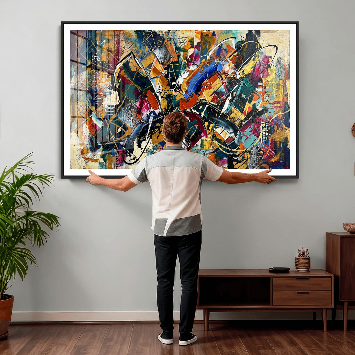 15525527-MGV-CV-36X24 - Geometric Abstract Wall Art Canvas Print, Orange Blue Abstract Expressionist Painting Print, Modern Geometric Abstract Canvas Art