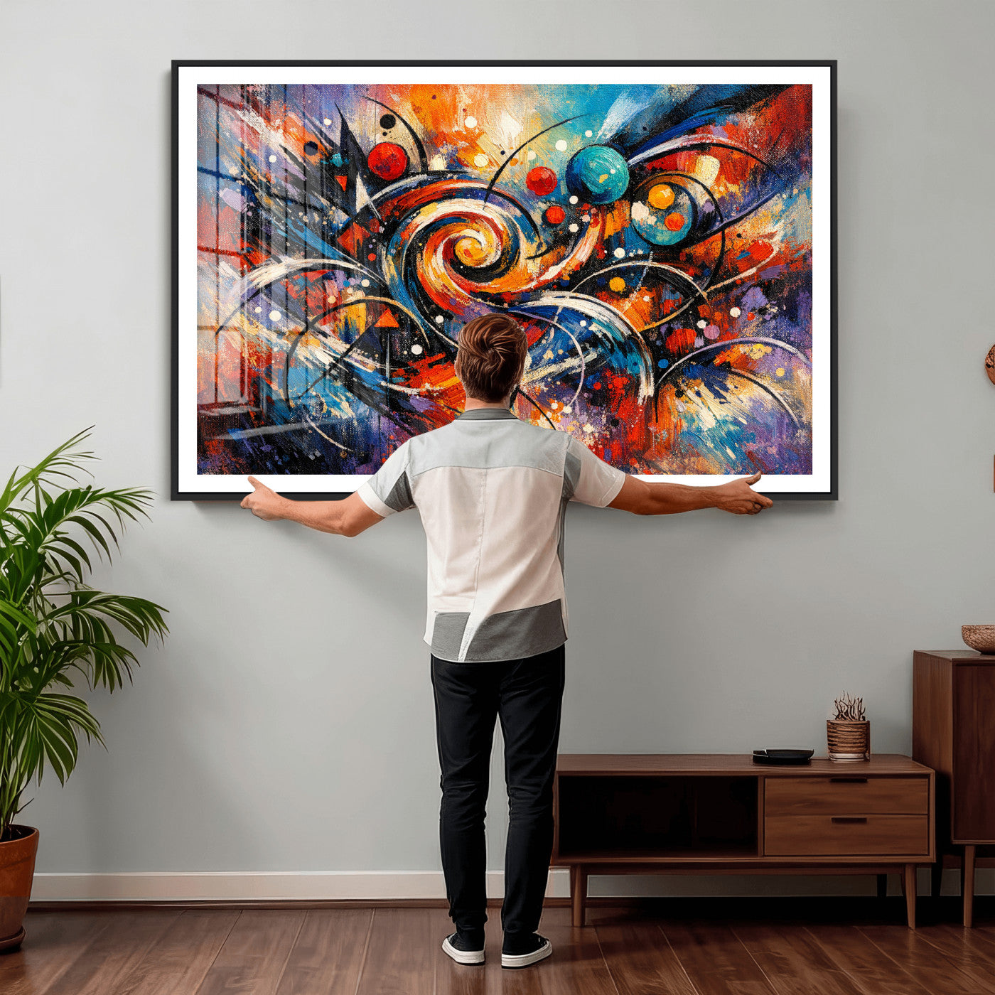 60193267-MGV-CV-36X24 - Geometric Abstract Wall Art Canvas Print, Orange Blue Abstract Expressionist Painting Print, Modern Geometric Abstract Canvas Art