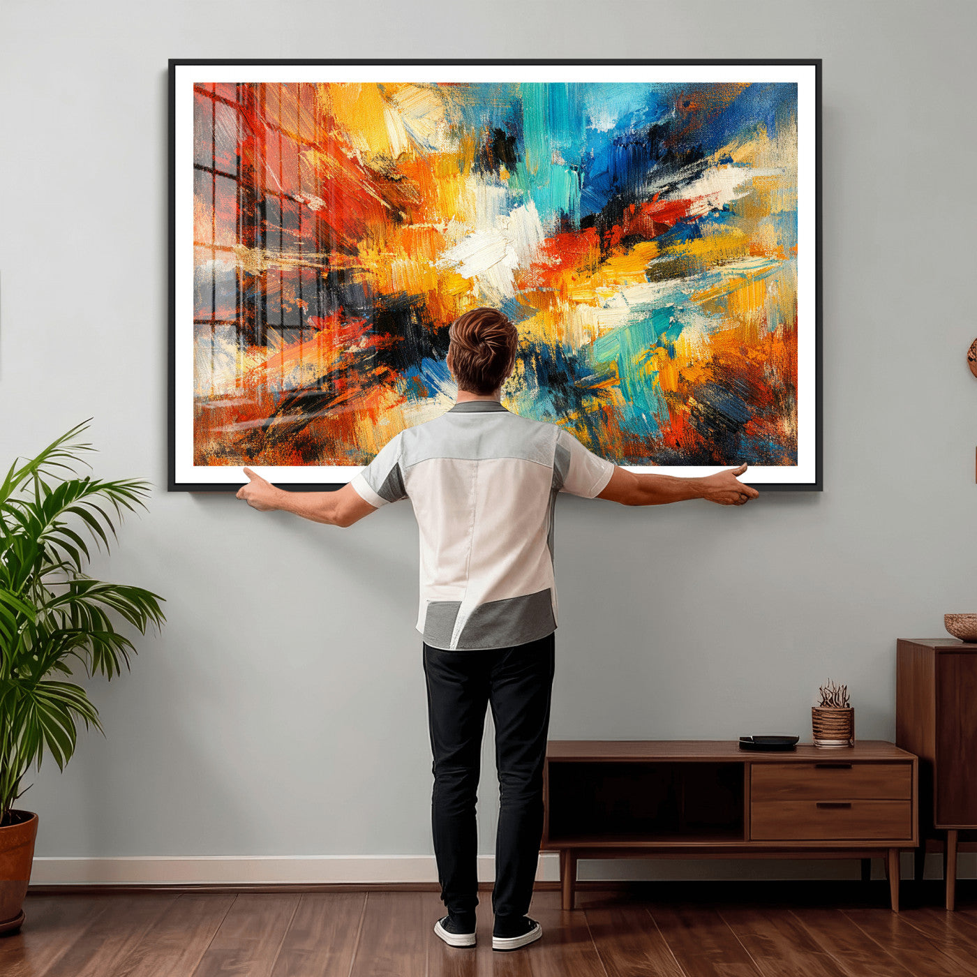 93167583-MGV-CV-36X24 - Geometric Abstract Wall Art Canvas Print, Orange Blue Abstract Expressionist Painting Print, Modern Geometric Abstract Canvas Art