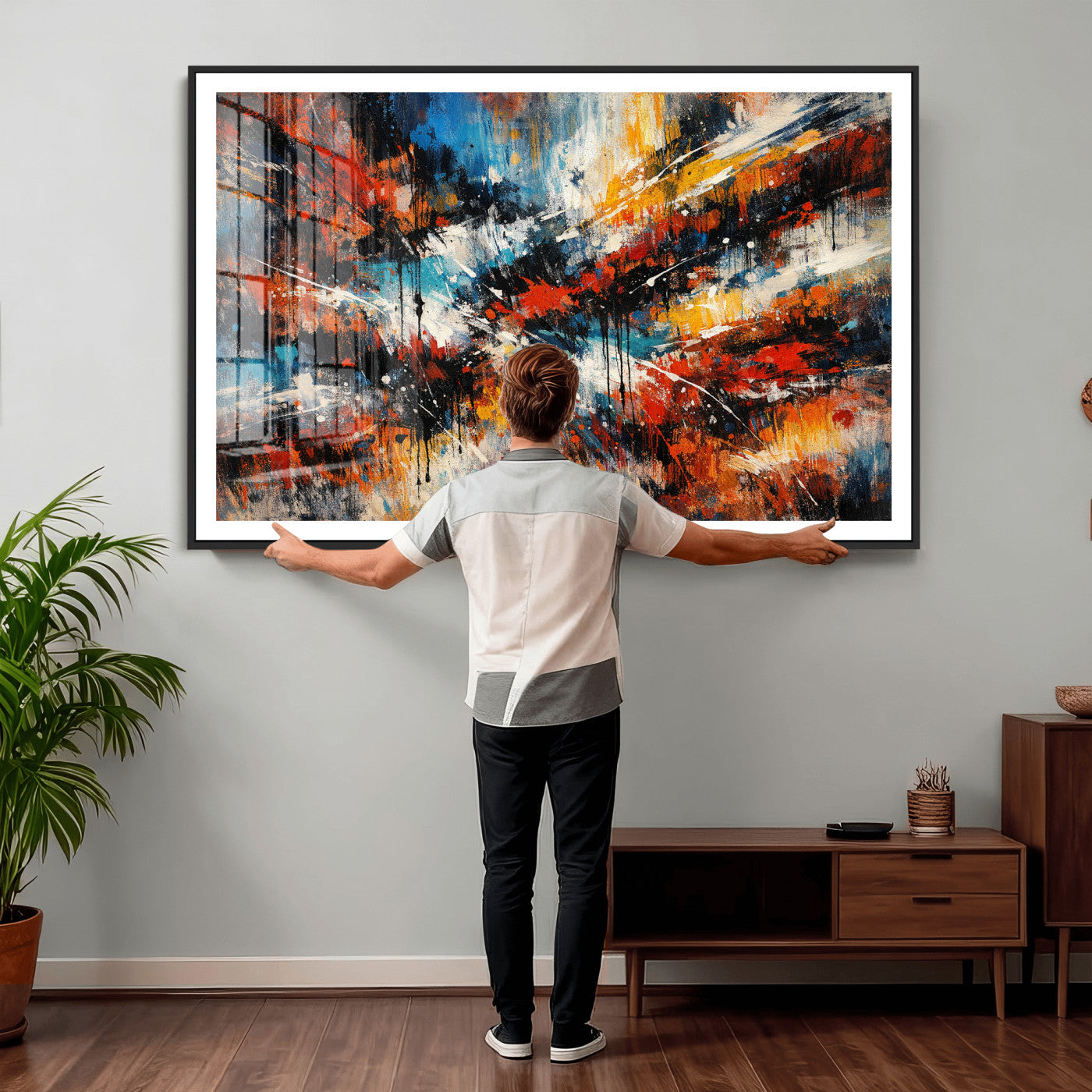 80276069-MGV-CV-36X24 - Geometric Abstract Wall Art Canvas Print, Orange Blue Abstract Expressionist Painting Print, Modern Geometric Abstract Canvas Art