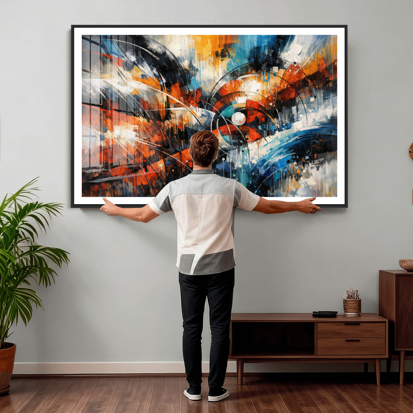 47120691-MGV-CV-36X24 - Geometric Abstract Wall Art Canvas Print, Orange Blue Abstract Expressionist Painting Print, Modern Geometric Abstract Canvas Art