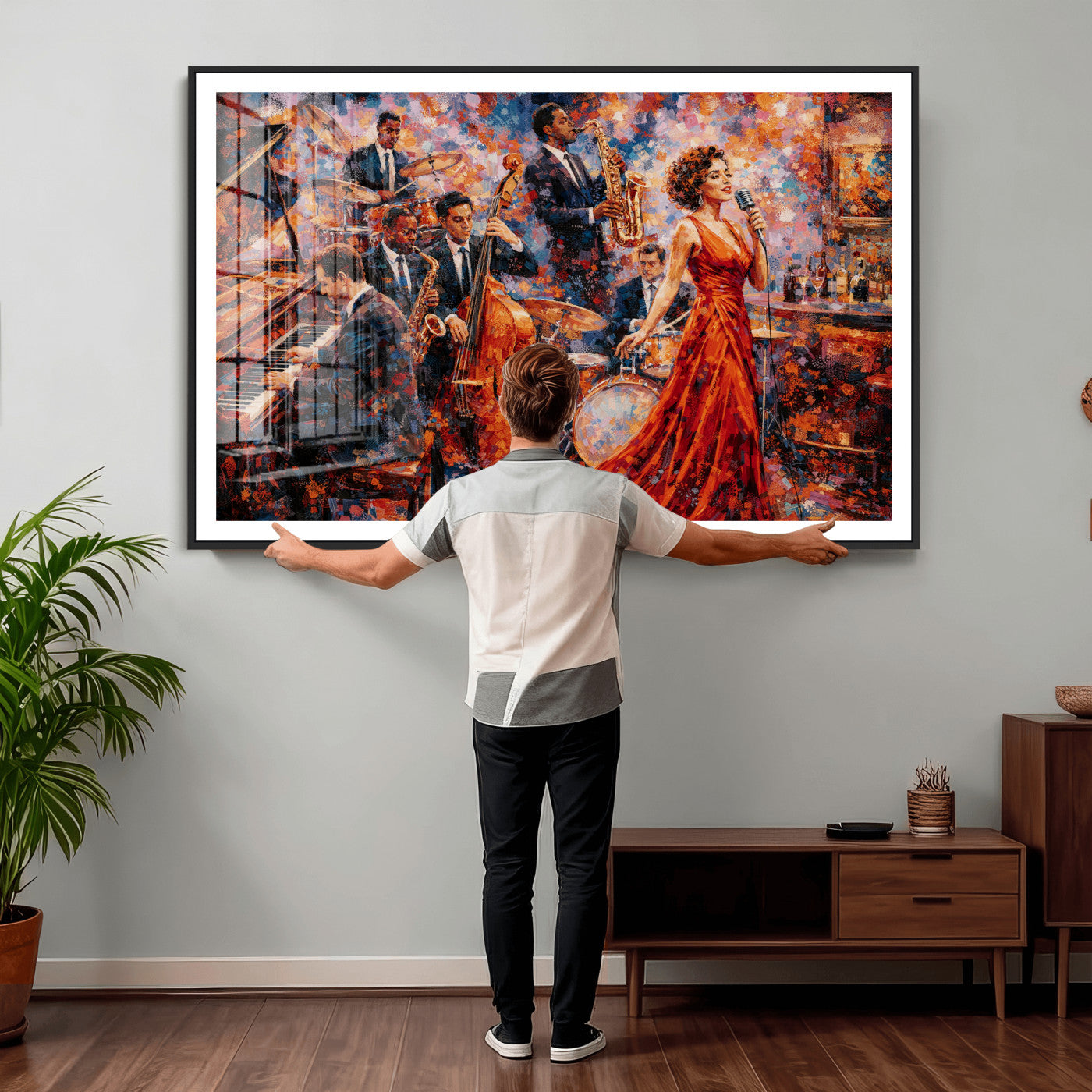 620930SF20-MGV-CV-36X24 - Jazz Band Canvas Wall Art — Jazz Club Singer Saxophone Print | Music Wall Decor | Bar Restaurant Art | Music Lover Gift | Jazz Home Decor