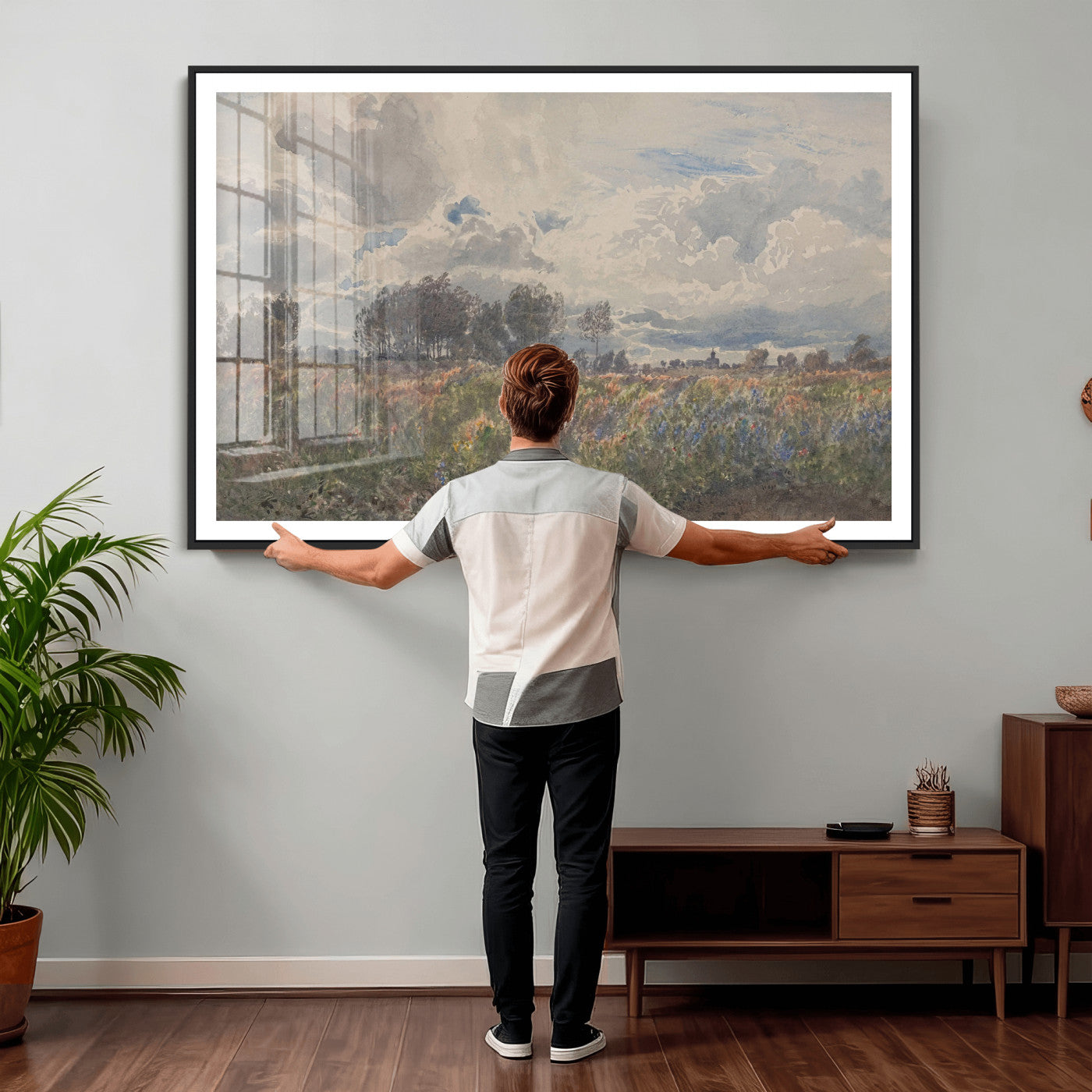 76626885-MGV-CV-36X24 - Vintage Watercolor Meadow Canvas Wall Art — English Pastoral Wildflower Storm Sky Print | Cottagecore Nature Decor | Classic Landscape Gift