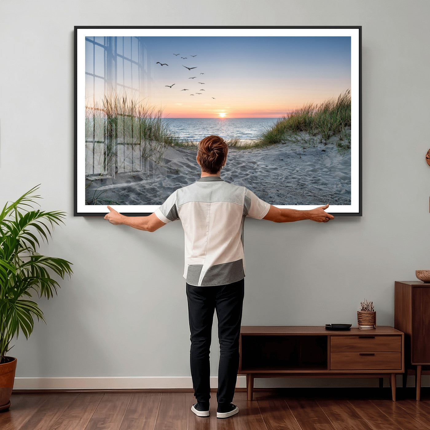12172032-MGV-CV-36X24 - Sandy Dune Path Sunset Canvas Wall Art — Seagulls Beach Ocean Photography Print | Coastal Home Decor | Nautical Wall Art | Beach House Gift