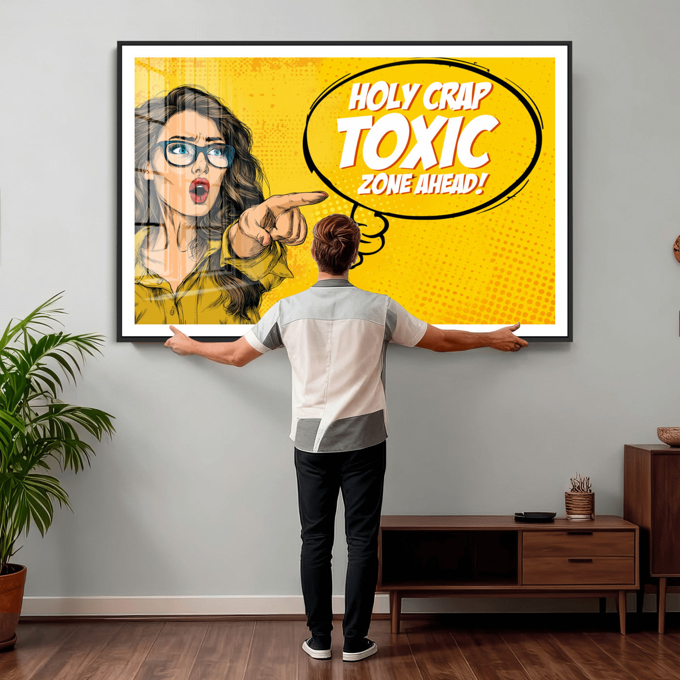 79751885-MGV-CV-36X24 - Pop Art Print Bathroom Sign Wall Art Canvas Print — Funny Bathroom Canvas | Comic Style Toilet Wall Decor | Humor Gift | Yellow Bold Bathroom Art