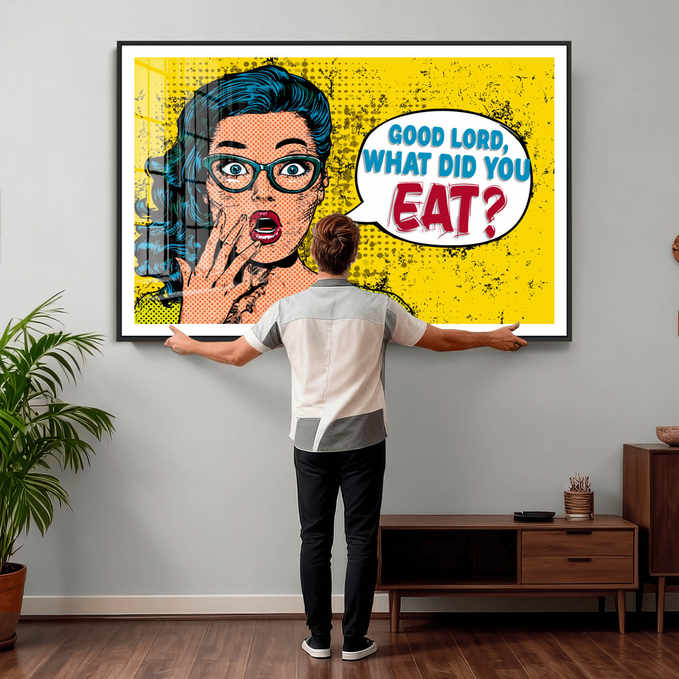 88217969-MGV-CV-36X24 - Pop Art Print Bathroom Sign Wall Art Canvas Print — Funny Bathroom Canvas | Comic Style Toilet Wall Decor | Humor Gift | Yellow Bold Bathroom Art