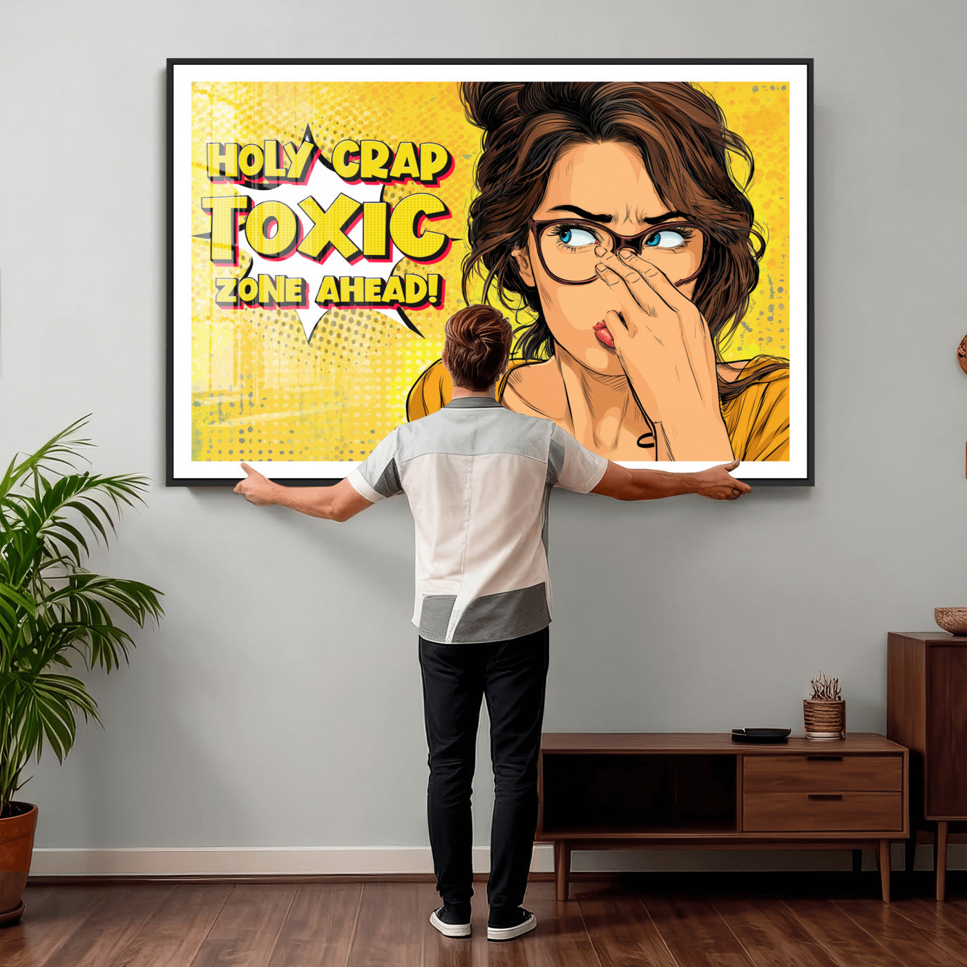 96263876-MGV-CV-36X24 - Pop Art Print Bathroom Sign Wall Art Canvas Print — Funny Bathroom Canvas | Comic Style Toilet Wall Decor | Humor Gift | Yellow Bold Bathroom Art