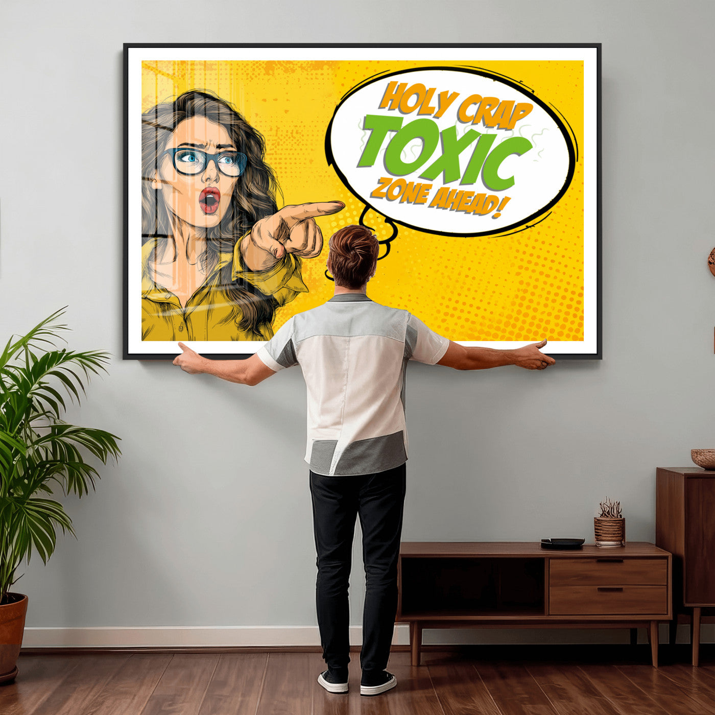 79156505-MGV-CV-36X24 - Pop Art Print Bathroom Sign Wall Art Canvas Print — Funny Bathroom Canvas | Comic Style Toilet Wall Decor | Humor Gift | Yellow Bold Bathroom Art