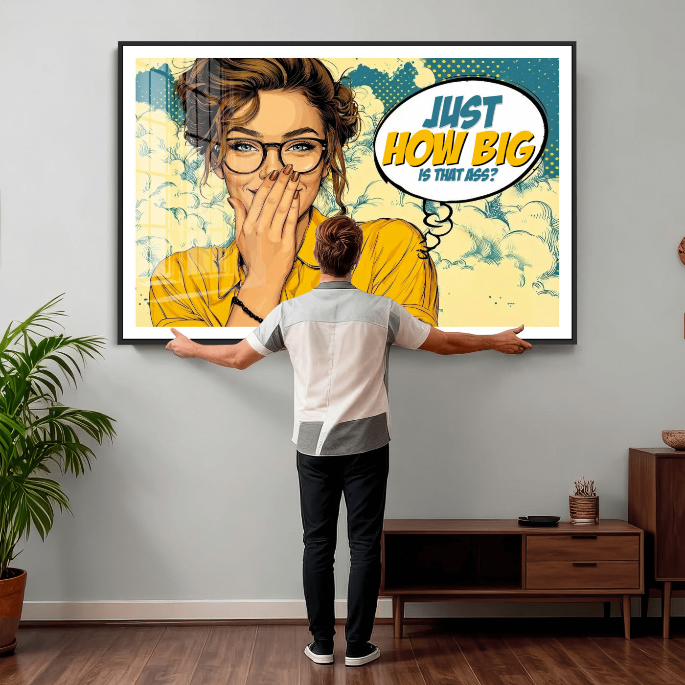 T79156505-MGV-CV-36X24 - Pop Art Print Bathroom Sign Wall Art Canvas Print — Funny Bathroom Canvas | Comic Style Toilet Wall Decor | Humor Gift | How Big Ass