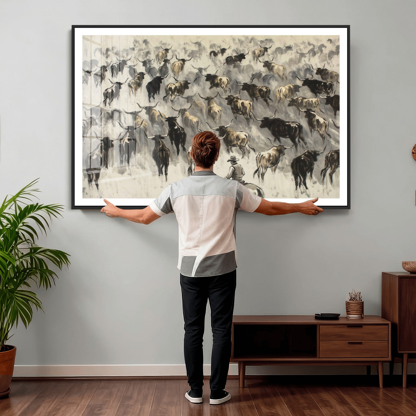 48049876-MGV-CV-36X24 - Cowboy Cattle Drive Canvas Wall Art, Western Longhorn Herd Ink Painting Print, Ranch Rodeo Decor, Black White Western Art, Large Living Room Art