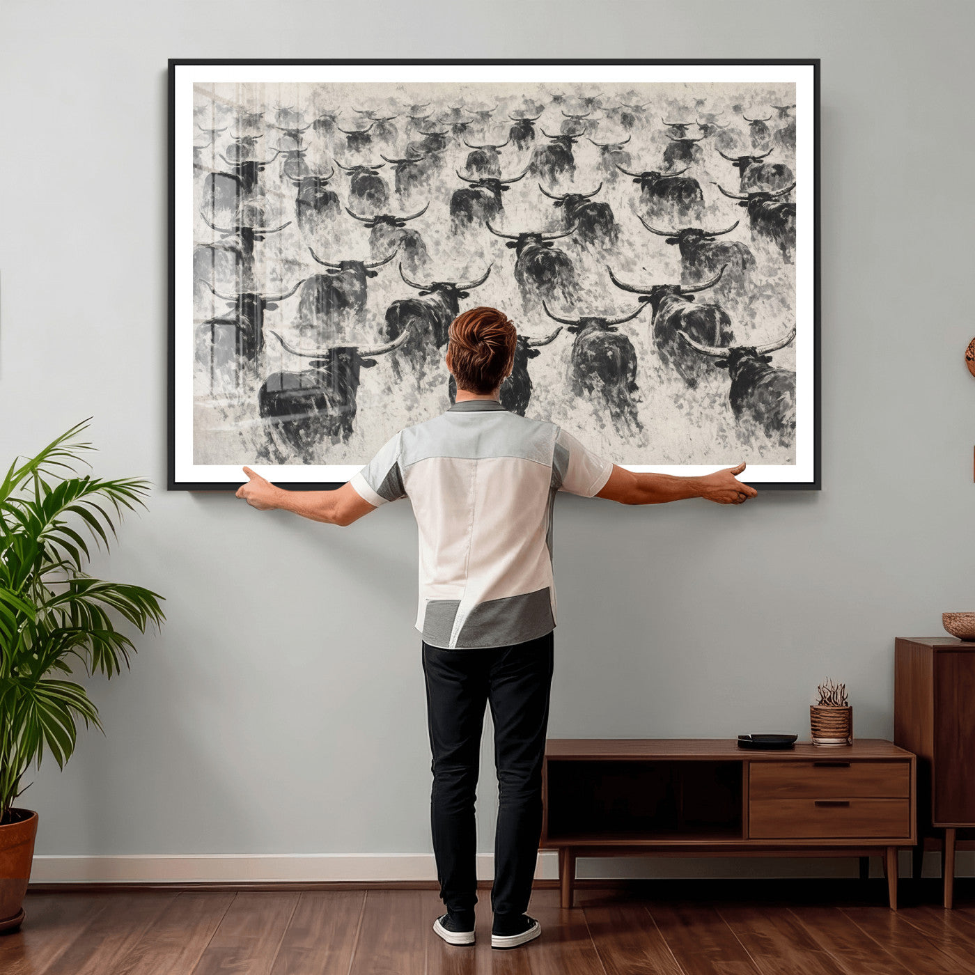 73328525-MGV-CV-36X24 - Texas Longhorn Drawing Canvas Wall Art, Western Cattle Stampede Painting Print, Warm Amber Ranch Decor, Rustic Cowboy Home Art, Large Living Room Decor