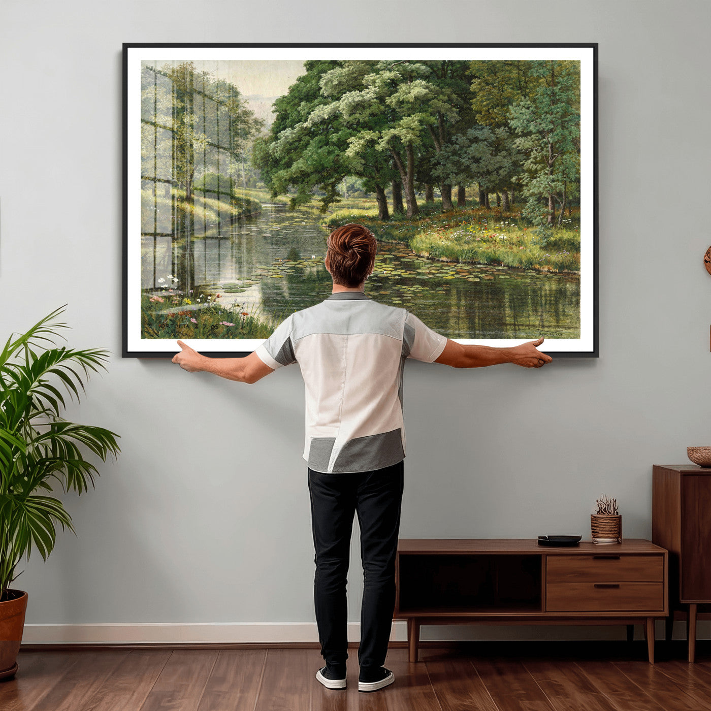 44288560-MGV-CV-36X24 - Forest Stream Canvas Wall Art, Peder Monsted A Forest Stream 1905 Print, Danish Realist Landscape, Lily Pad River Nature Decor, Vintage Green Painting