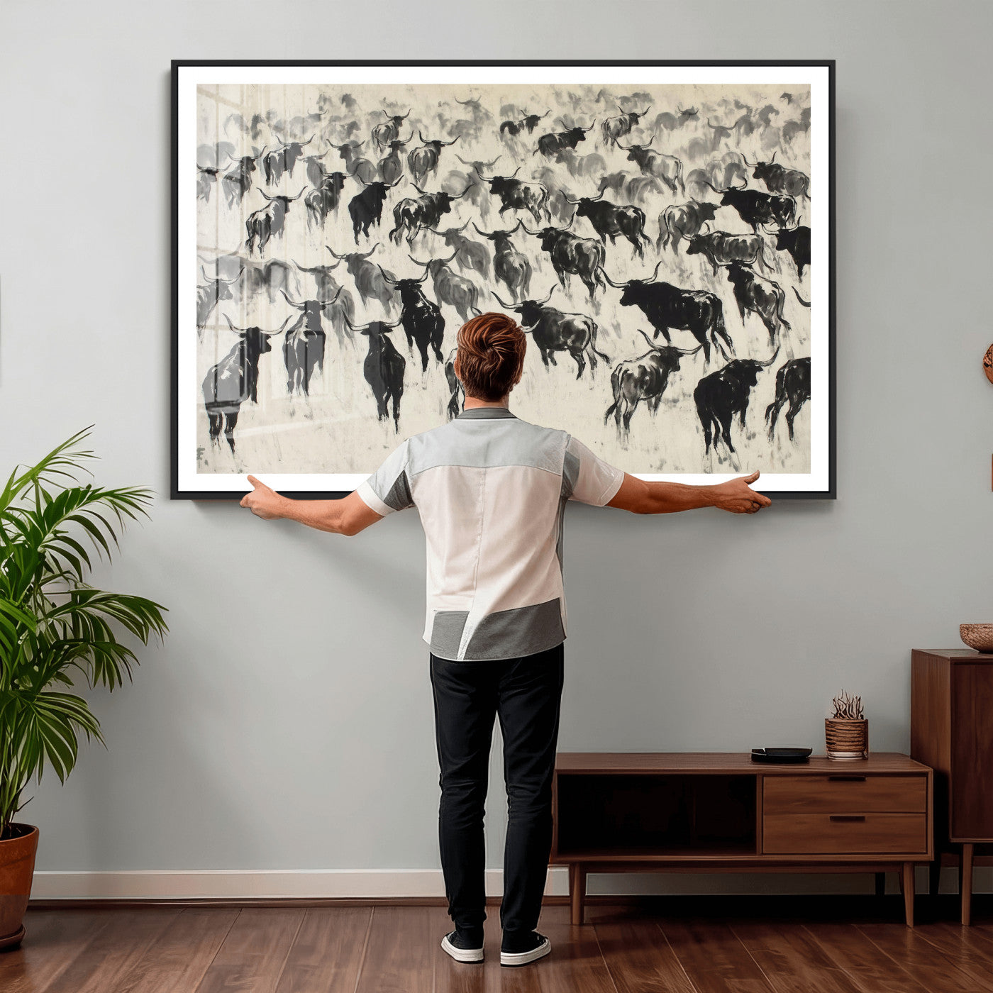 68669792-MGV-CV-36X24 - Longhorn Cattle Canvas Wall Art, Black White Stampede Ink Painting Print, Western Farmhouse Decor, Bull Herd Art, Large Living Room Wall Art, Ranch Home Decor