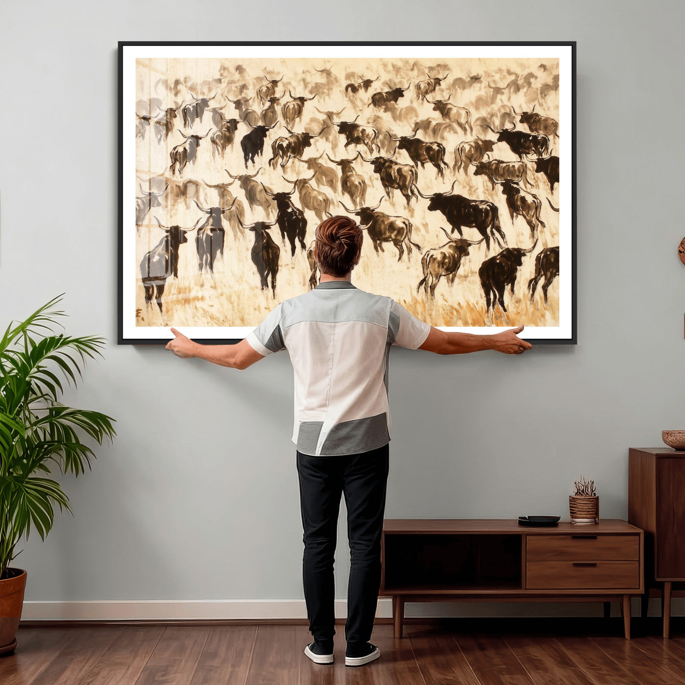 39077774-MGV-CV-36X24 - Texas Longhorn Sepia Canvas Wall Art, Western Cattle Stampede Painting Print, Warm Amber Ranch Decor, Rustic Cowboy Home Art, Large Living Room Decor