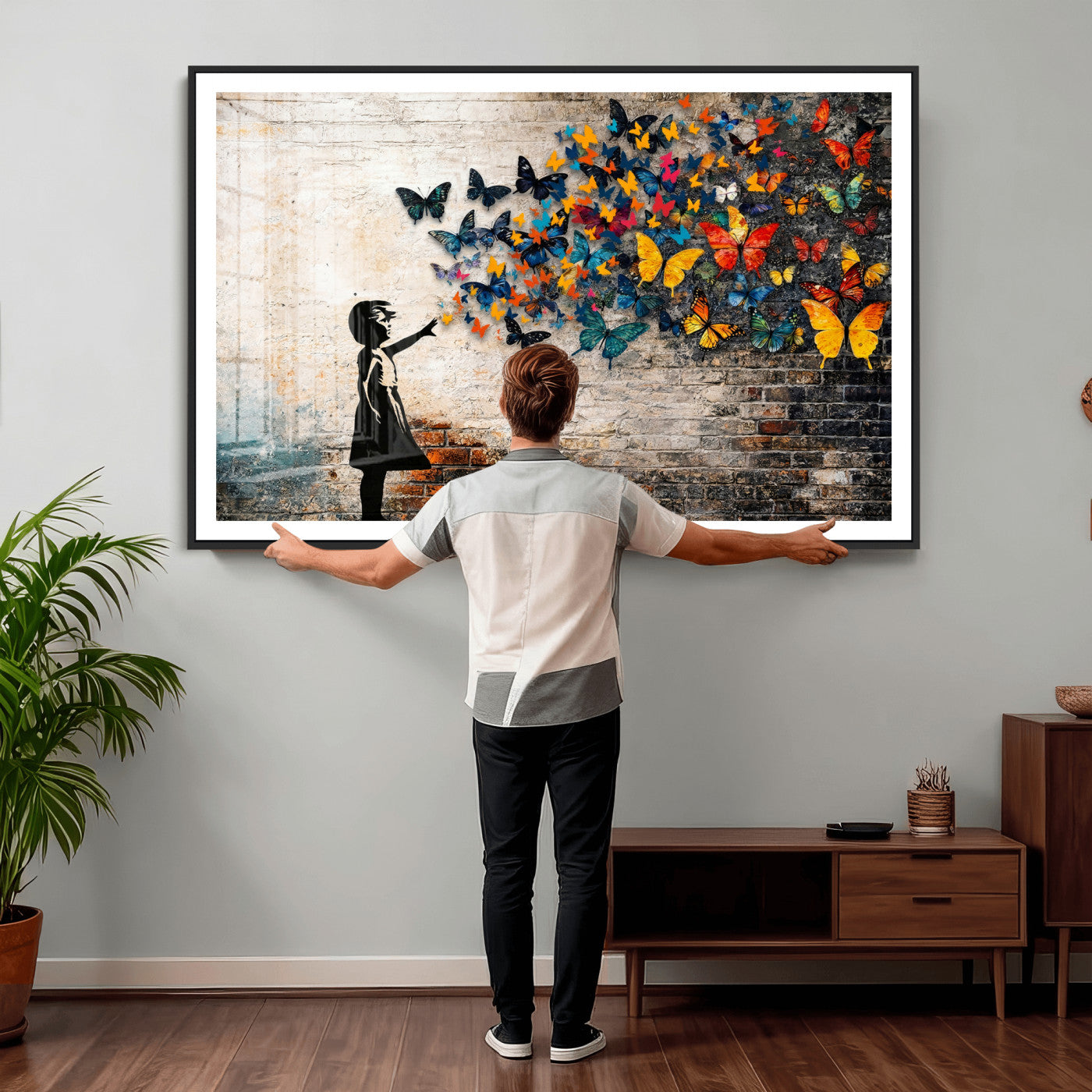 78760384-MGV-CV-36X24 - Banksy Graffiti Butterfly Girl Wall Art Canvas Print, Framed Street Art Canvas Print, Silhouette Butterfly Wall Art for Living Room Bedroom Office