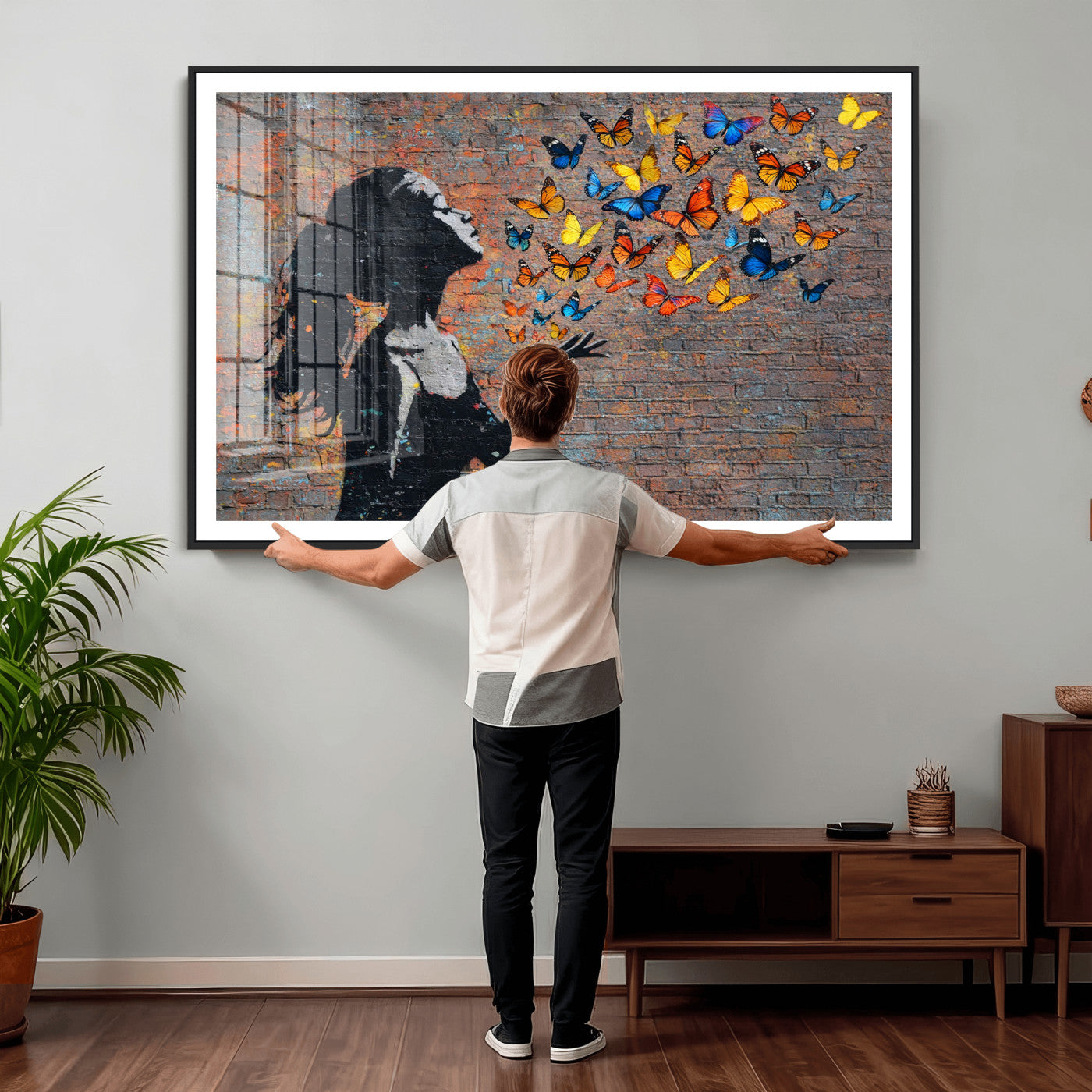 10555939-MGV-CV-36X24 - Urban Banksy Butterfly Girl Wall Art Canvas Print, Framed Street Art Canvas Print, Graffiti Silhouette Butterfly Wall Art for Living Room Bedroom Office