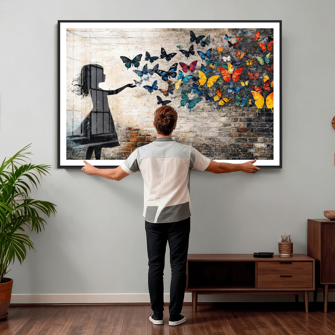 70522594-MGV-CV-36X24 - Banksy Butterfly Girl Wall Art Canvas Print, Framed Street Art Canvas Print, Graffiti Silhouette Butterfly Wall Art for Living Room Bedroom Office