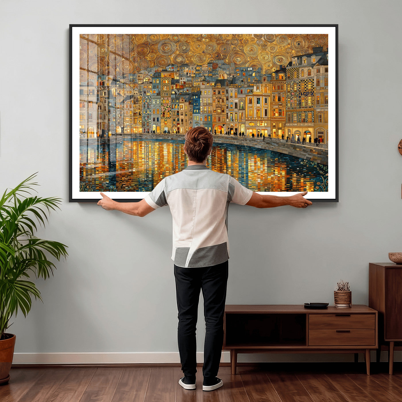 94022787-MGV-CV-36X24 - Gustav Klimt Golden Cityscape Wall Art Canvas Print, Framed River Town Landscape Artwork, Ornate Architecture Wall Decor for Living Room Bedroom Office