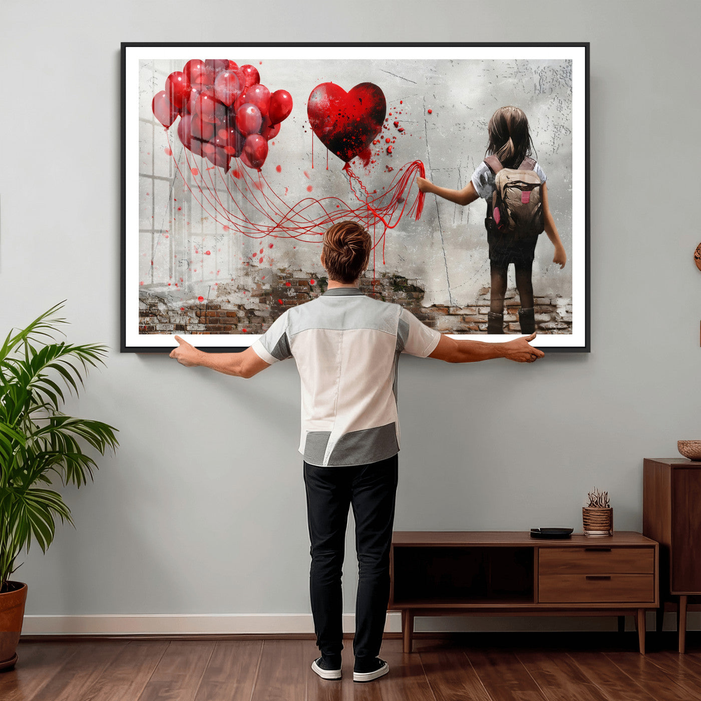 2162830T-MGV-CV-36X24 - Girl Graffiti Wall Art Canvas Print, Red Balloon Heart Street Art, Urban Love Artwork for Living Room Bedroom Hallway Office, Modern Abstract Canvas Wall Decor Home Decor