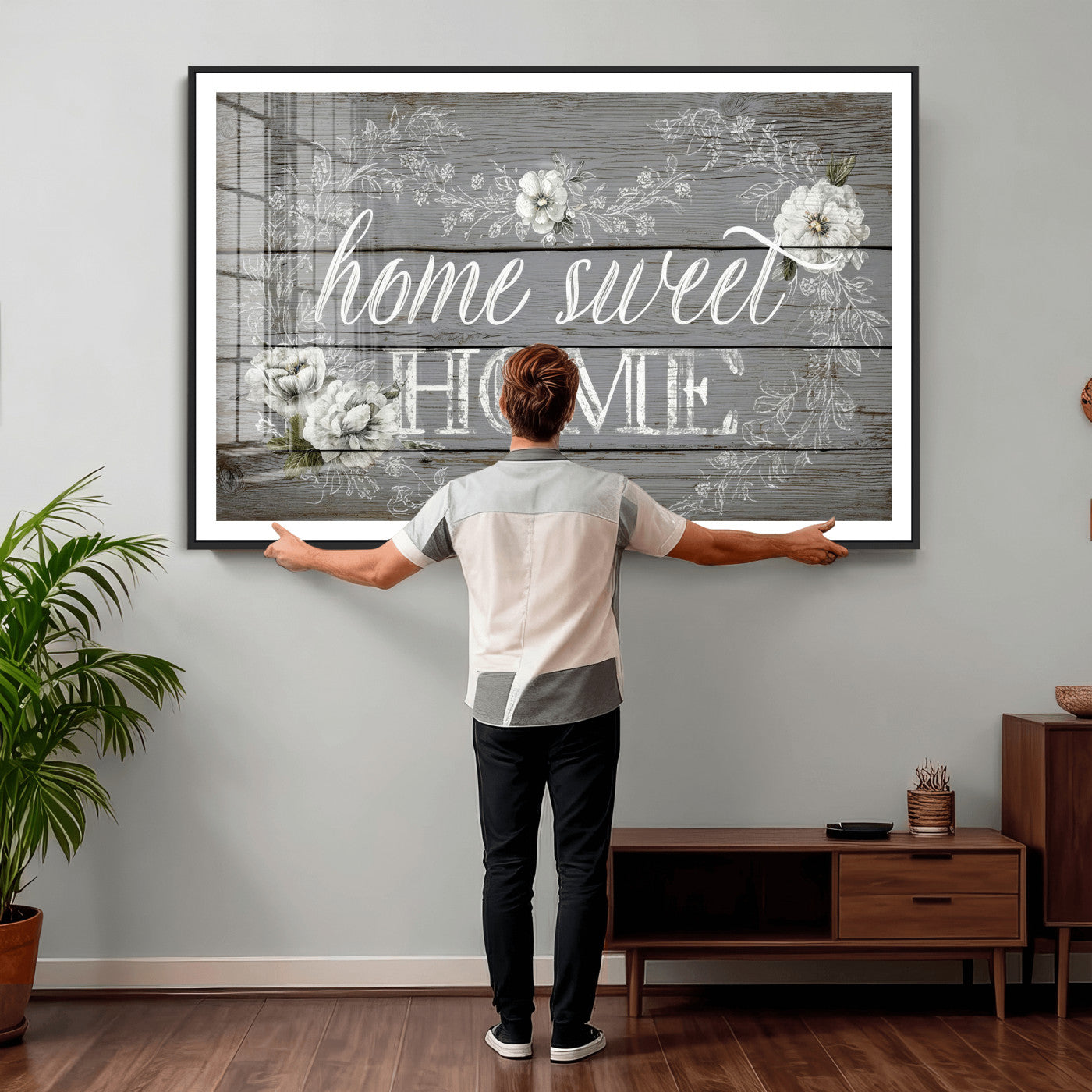 42160089-MGV-CV-36X24 - Home Sweet Home Sign Wall Art Canvas Print, Floral Farmhouse Sign, Rustic Neutral Entryway Bedroom Living Room Decor