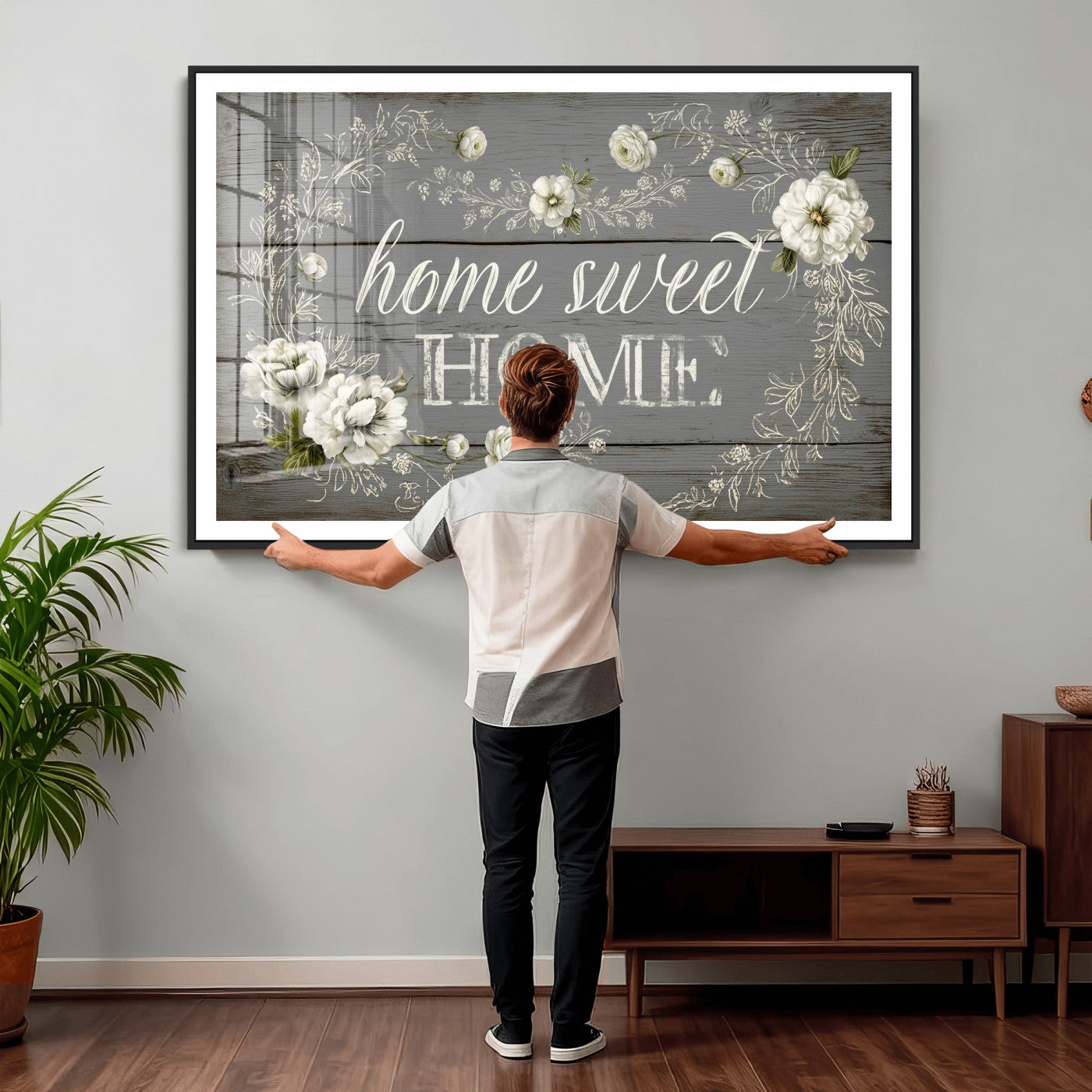32056075-MGV-CV-36X24 - Home Sweet Home Wall Art Canvas Print, Floral Farmhouse Sign, Rustic Neutral Entryway Bedroom Living Room Decor