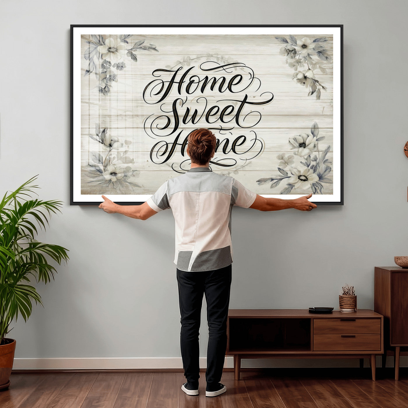 11120405-MGV-CV-36X24 - Home Sweet Home Wall Art Canvas Print, Floral Farmhouse Sign, Rustic Neutral Entryway Bedroom Living Room Decor