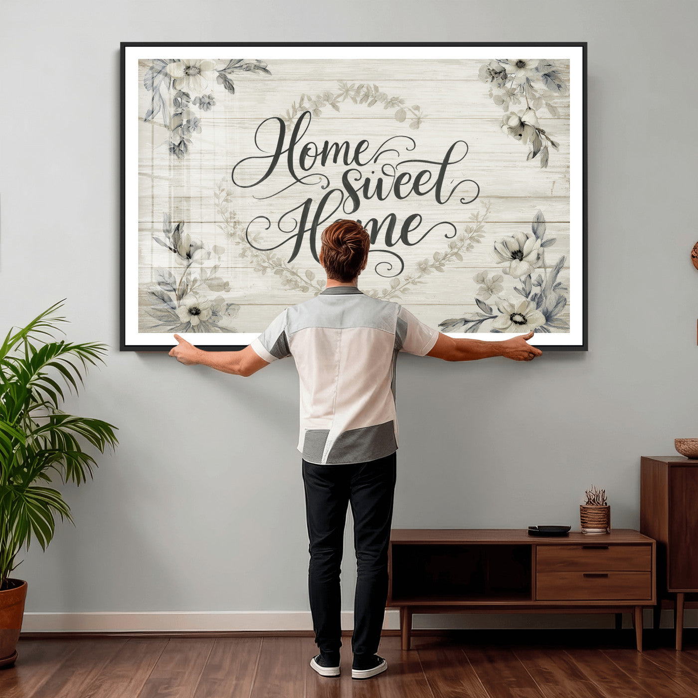 81157008-MGV-CV-36X24 - Home Sweet Home Wall Art Canvas Print, Floral Farmhouse Sign, Rustic Neutral Entryway Bedroom Living Room Decor