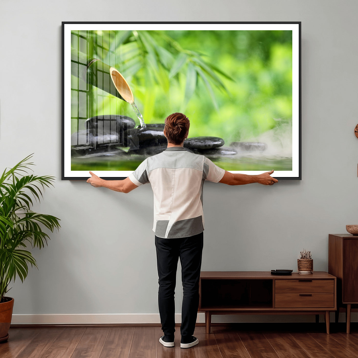 26961320-MGV-CV-36X24 - Bamboo Water Flow Black Stone Canvas | Zen Spa Nature Photography Print | Green Mist Japanese Garden Wall Art | Tranquil Decor