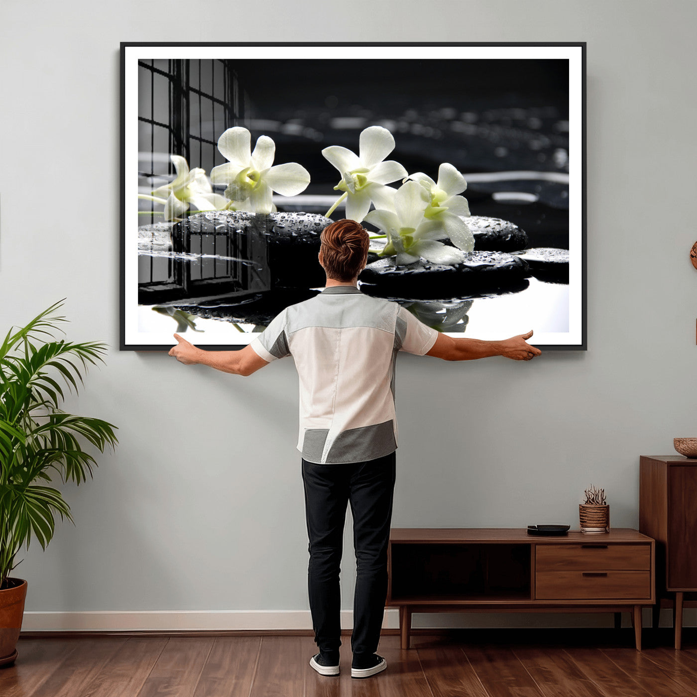79486206-MGV-CV-36X24 - Plumeria Frangipani Black Stone Canvas | White Flower Spa Photography Print | Tropical Zen Wall Art | Grey Pebble Floral for Meditation Room Decor