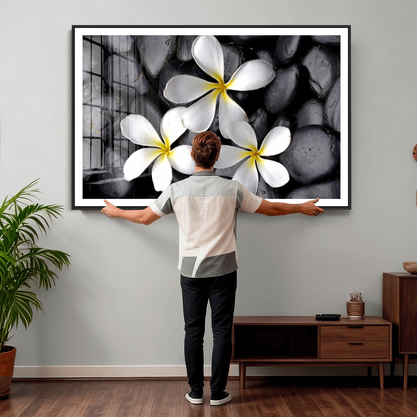 43639613-MGV-CV-36X24 - Plumeria Frangipani Black Stone Canvas | White Flower Spa Photography Print | Tropical Zen Wall Art | Grey Pebble Floral Decor