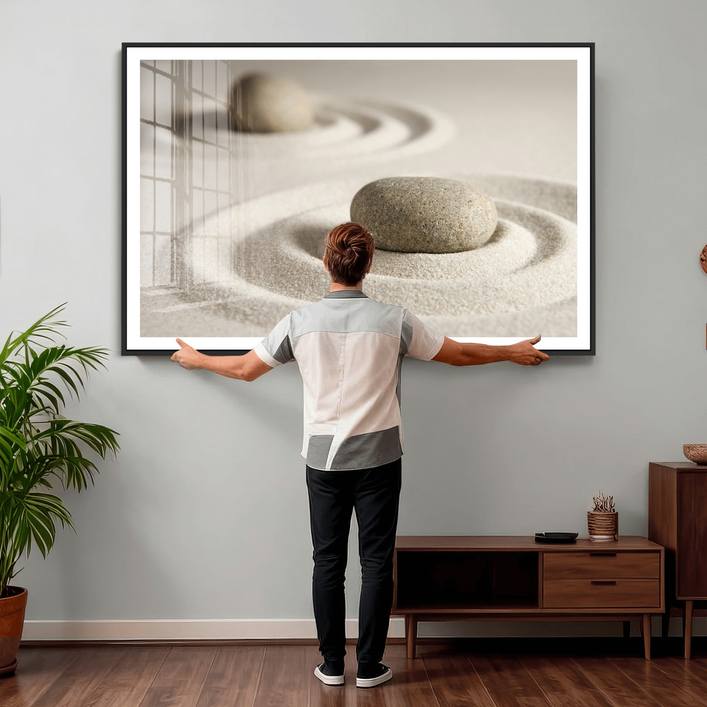 13397966-MGV-CV-36X24 - Zen Garden Stone Sand Canvas | Japanese Rock Garden Wall Art | Minimalist Meditation Print | Neutral Beige Mindfulness Decor