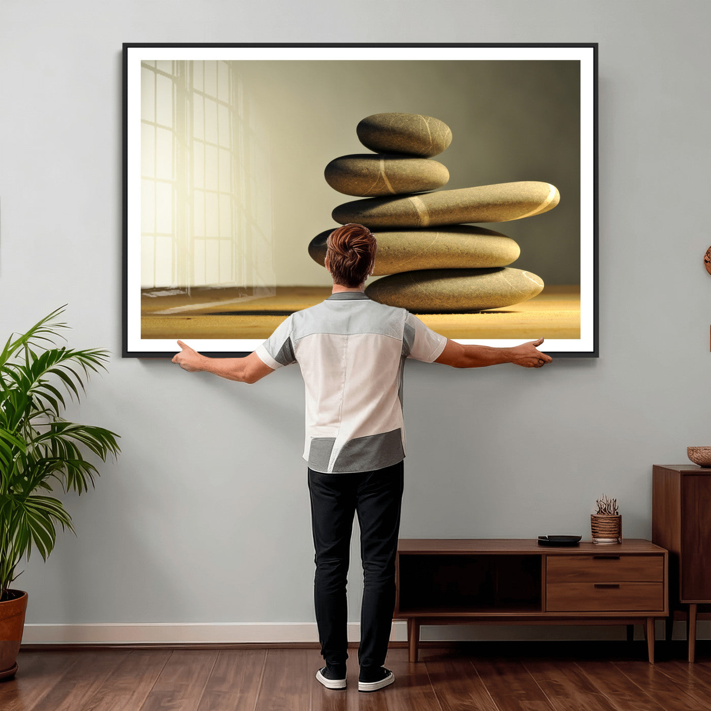 85424263-MGV-CV-36X24 - Zen Stone Wall Art Canvas Print, Balanced Rock Stack Framed Spa Artwork, Minimalist Meditation Decor for Living Room Bedroom Office Bathroom