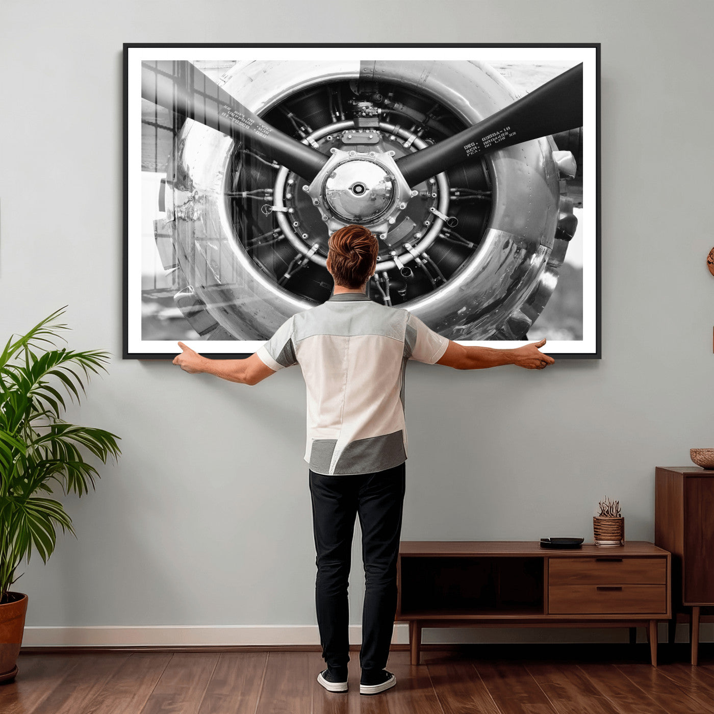 73322230-MGV-CV-36X24 - Vintage Propeller Plane Wall Art Canvas Print, Black and White Airplane Engine Close Up Framed Aviation Artwork for Pilot Office Hangar Decor